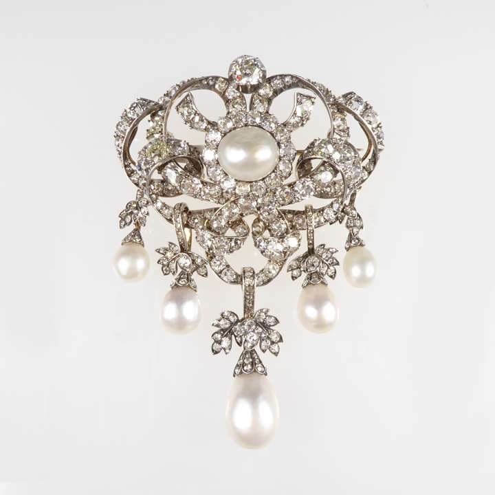 Austrian pearl and diamond scroll corsage brooch  formerly belonging to the House of Habsburg